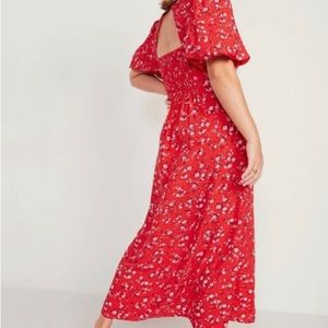 Old Navy red floral maxi shift dress puff sleeves XL